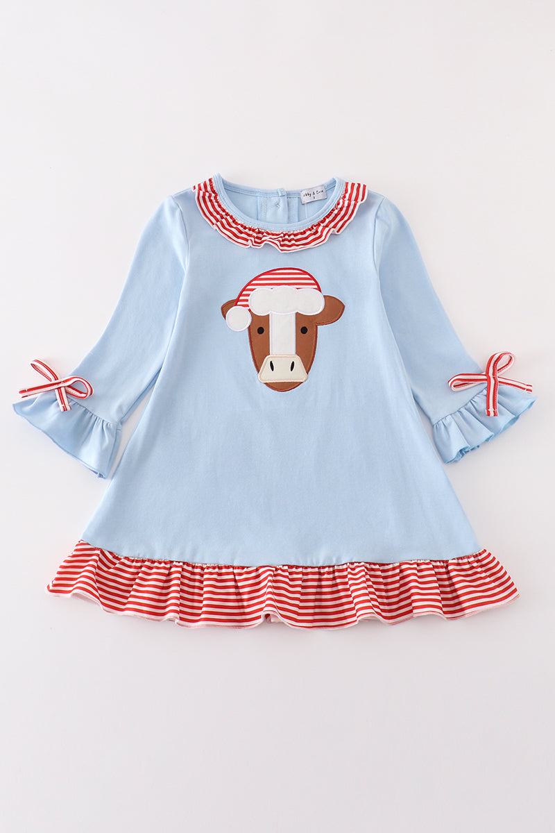 Blue christmas cow applique dress