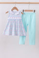 Blue plaid bow floral pants set