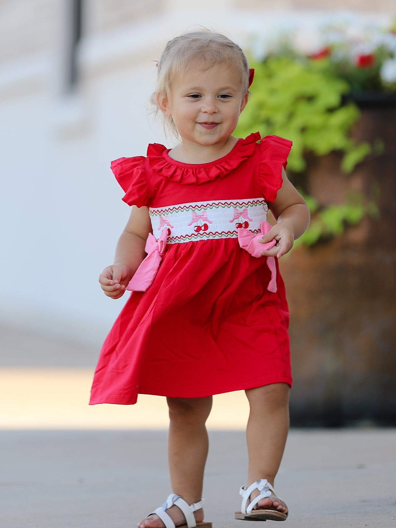 Red Cherry Bow Smocking Embroidery Girls' Dress