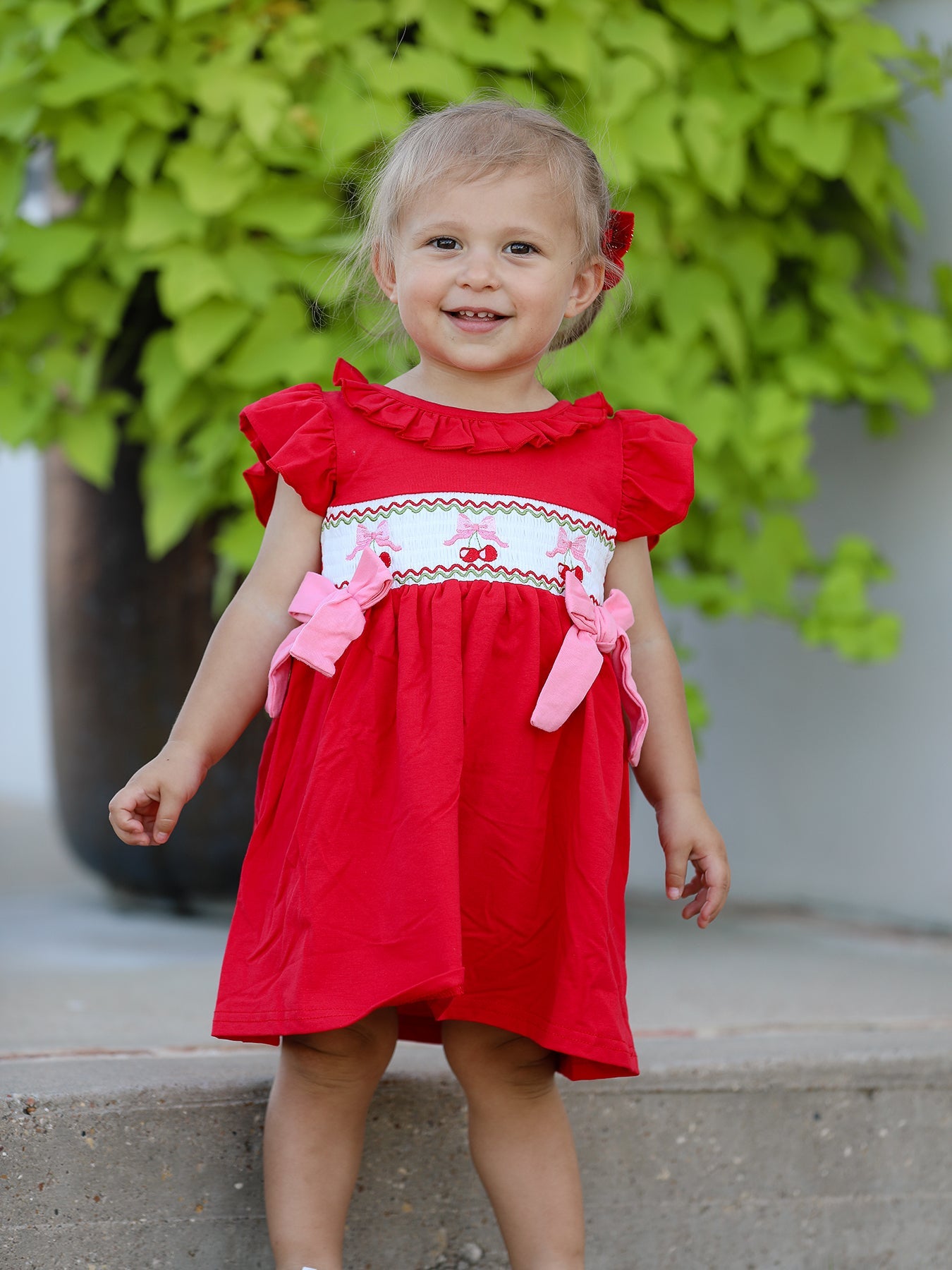 Red Cherry Bow Smocking Embroidery Girls' Dress
