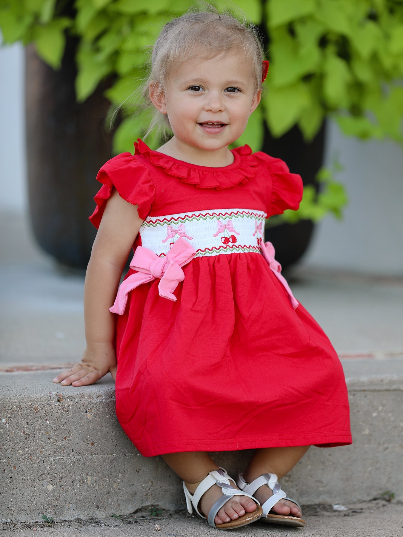 Red Cherry Bow Smocking Embroidery Girls' Dress