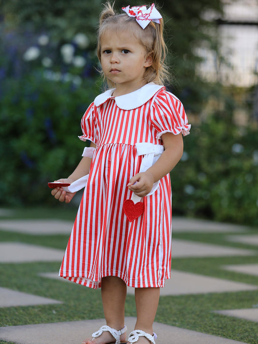 Valentine's Red Stripe Heart Dress for Toddler Girls