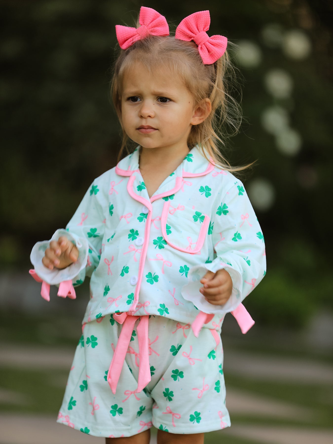 St. Patrick's Day Bow Shamrock Print Ruffles Girls Pajama Set
