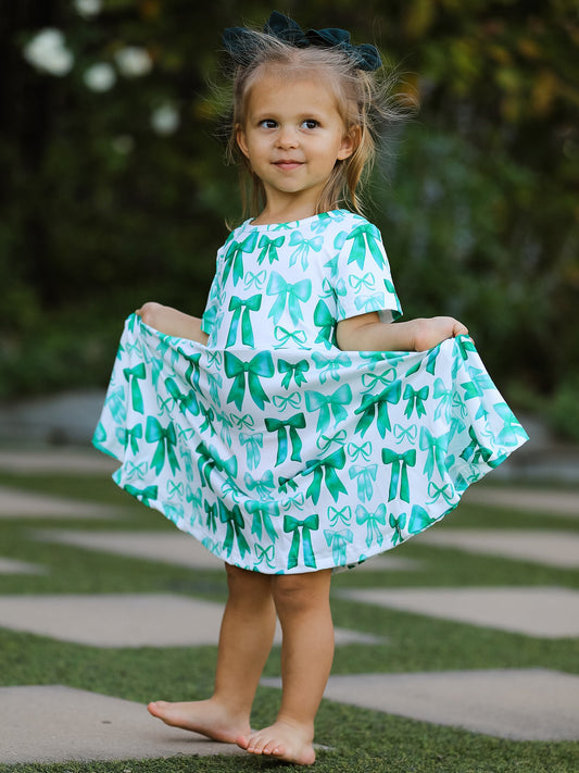 St. Patrick's Day Bow Print  Short Sleeves Girls Dress