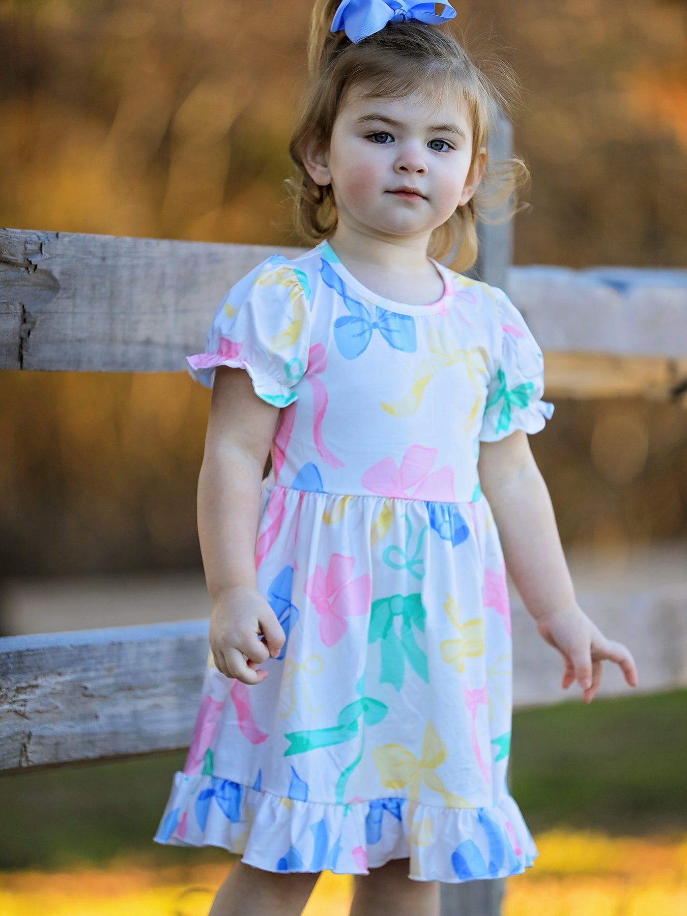 Colorful Bow Print Puff Sleeves Girls Dress