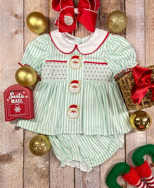 Mint Stripes & Embroidered Santa Smocked Bloomer Set