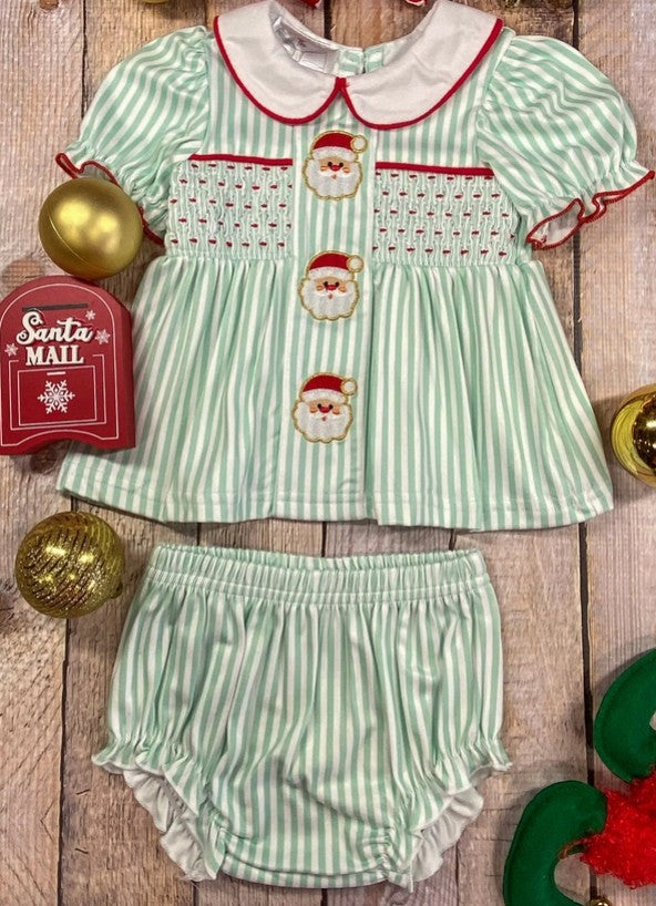 Mint Stripes & Embroidered Santa Smocked Bloomer Set