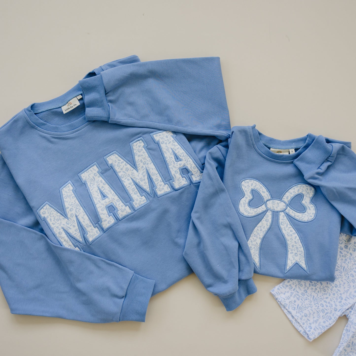 Blue Toile Applique Bow Sweatshirt Romper or Crewneck