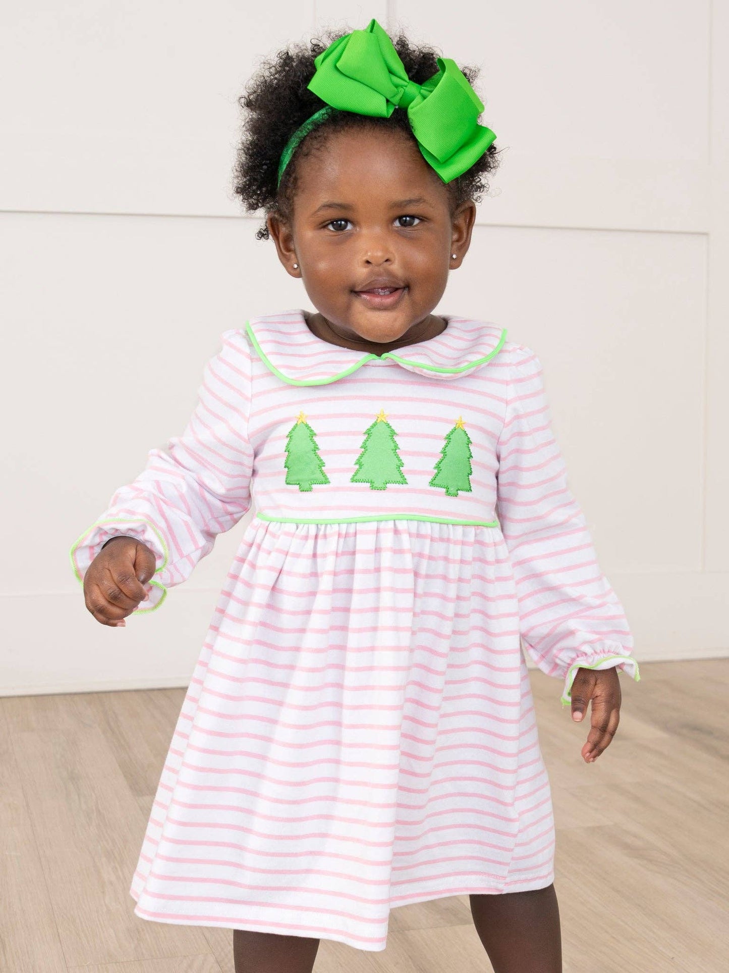 Lime & Pink Embroidered Christmas Trees Dress