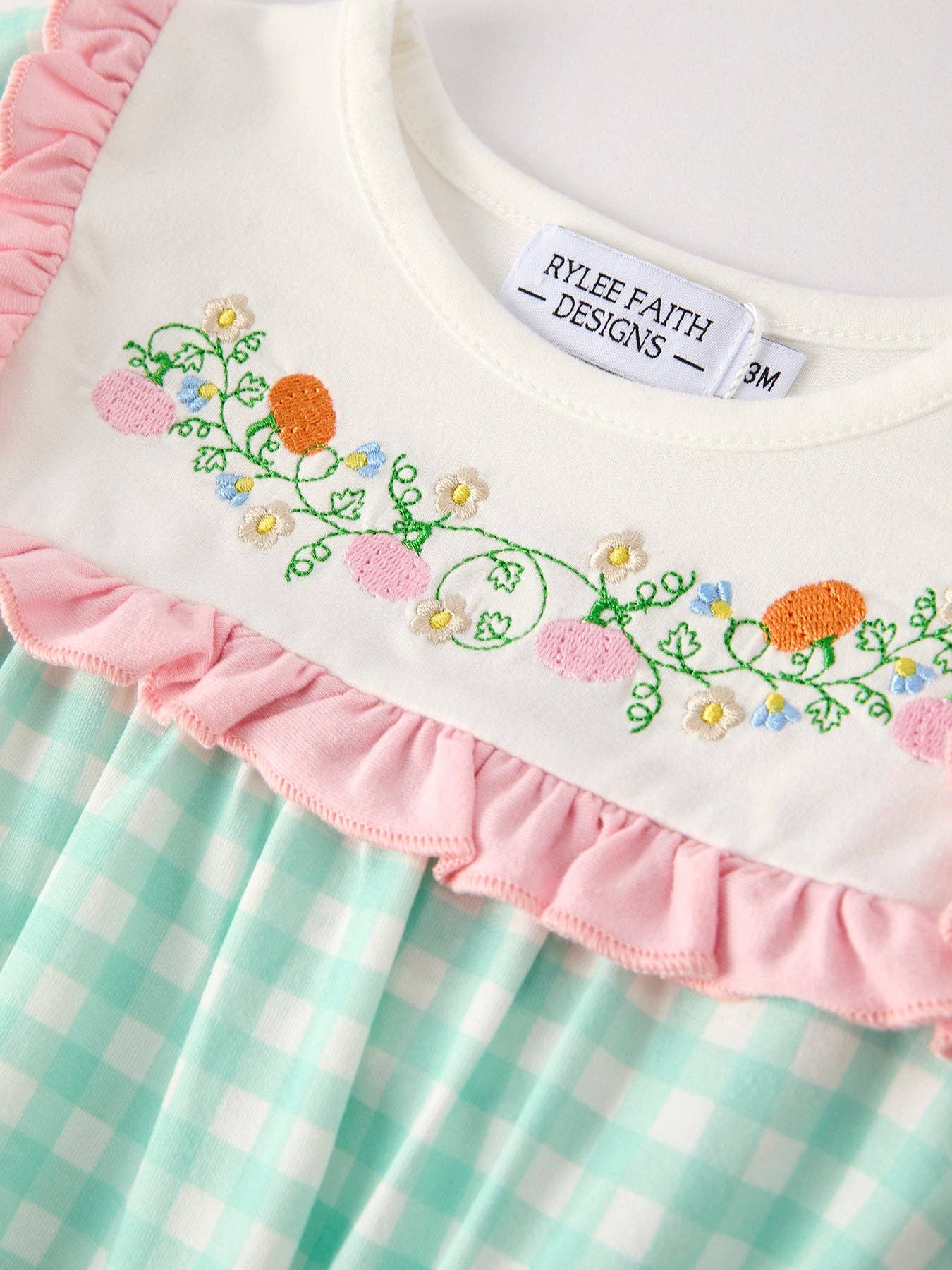 Thanksgiving Day Fall Pumpkin Flowers Embroidered Check Girls Romper