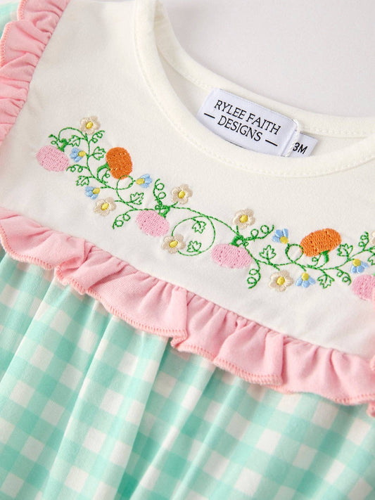 Thanksgiving Day Fall Pumpkin Flowers Embroidered Check Girls Romper