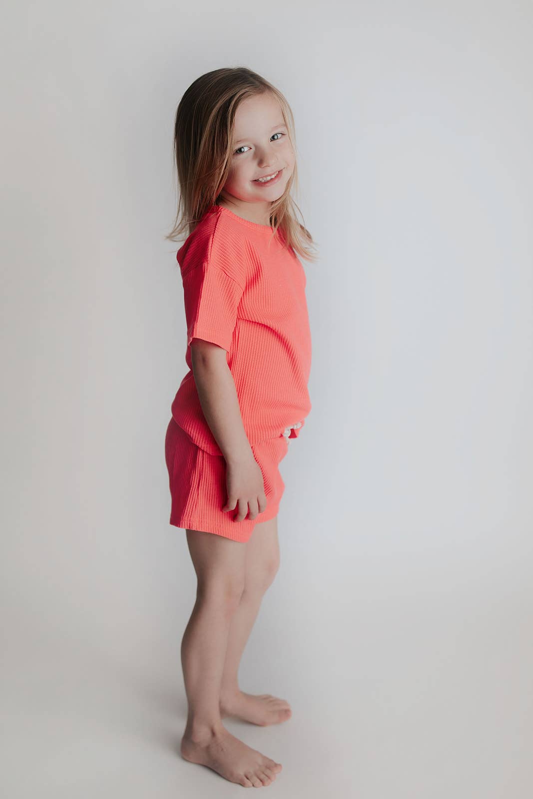 Hot Neon Coral Summer Waffle Toddler Top & Bottom Set