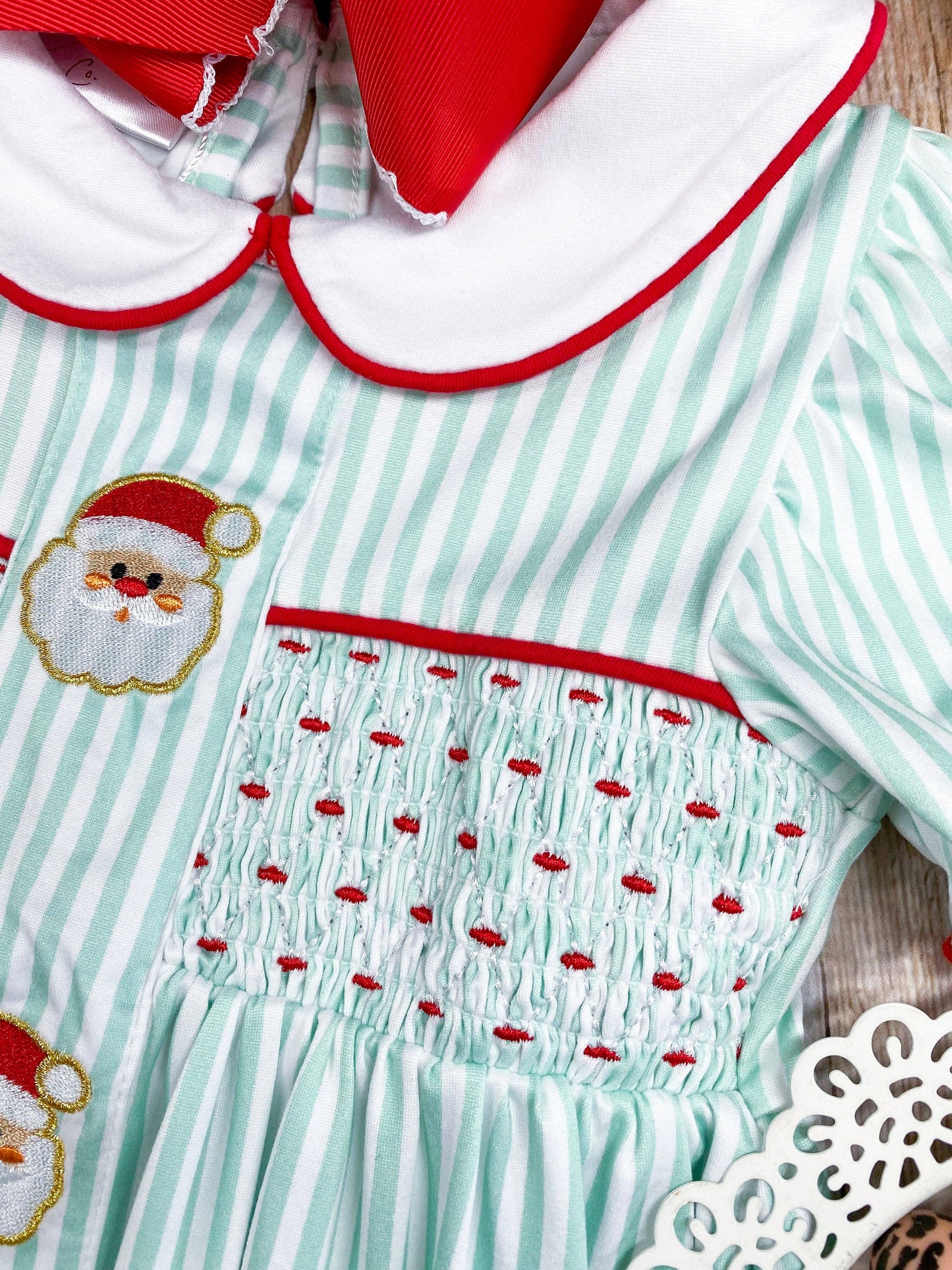 Mint Stripes & Embroidered Santas Smocked Dress