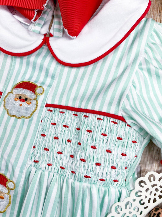 Mint Stripes & Embroidered Santas Smocked Dress