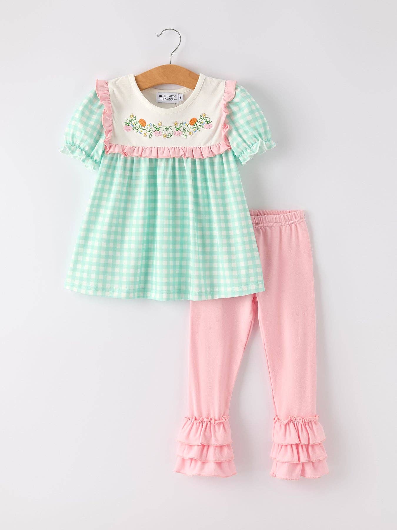 Thanksgiving Day Fall Pumpkin Flowers Embroidered Check Ruffles Girls Outfit