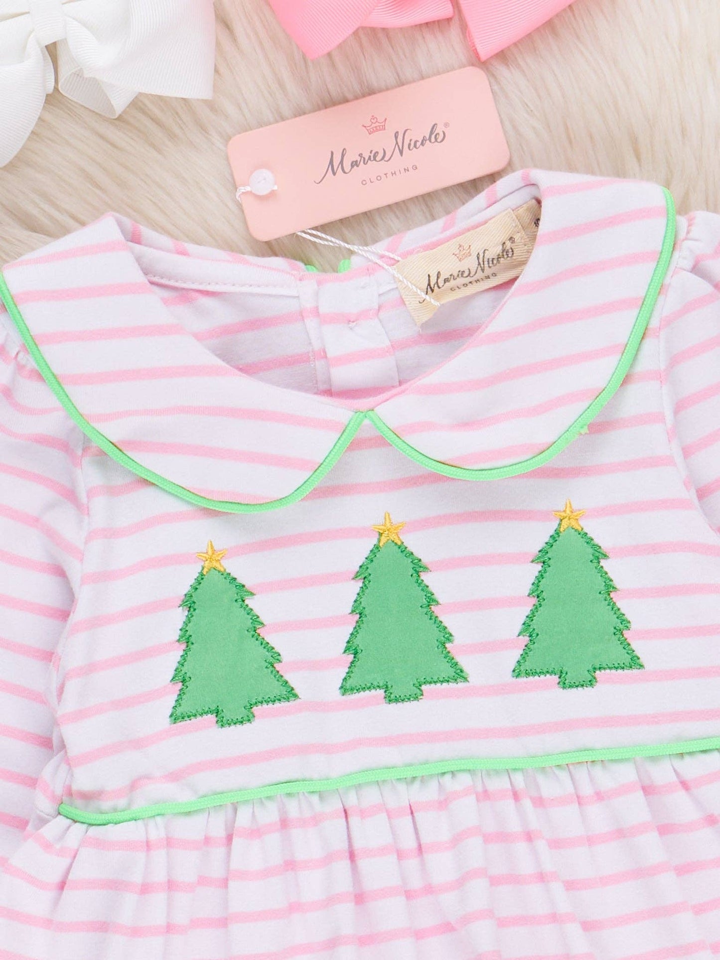 Lime & Pink Embroidered Christmas Trees Dress