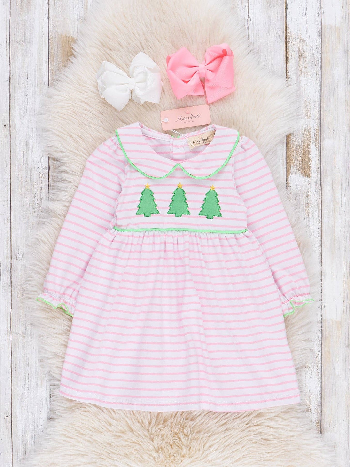 Lime & Pink Embroidered Christmas Trees Dress