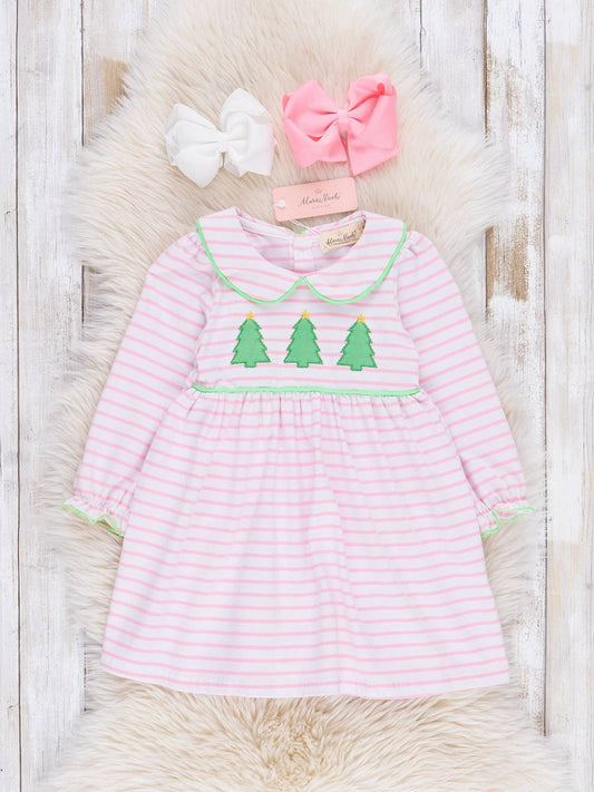Lime & Pink Embroidered Christmas Trees Dress