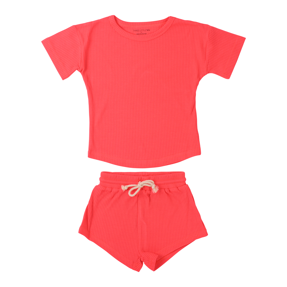 Hot Neon Coral Summer Waffle Toddler Top & Bottom Set