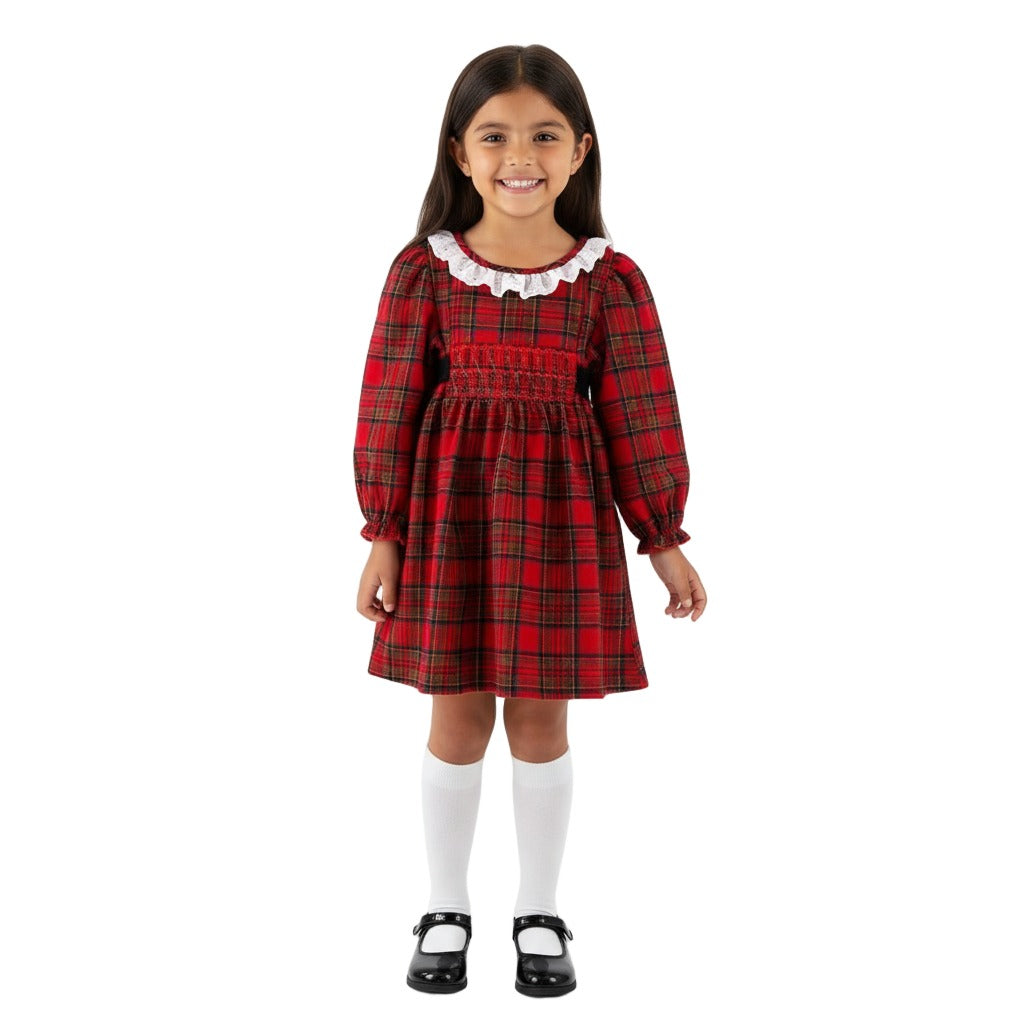 Red Plaid Cotton Smocked Dress