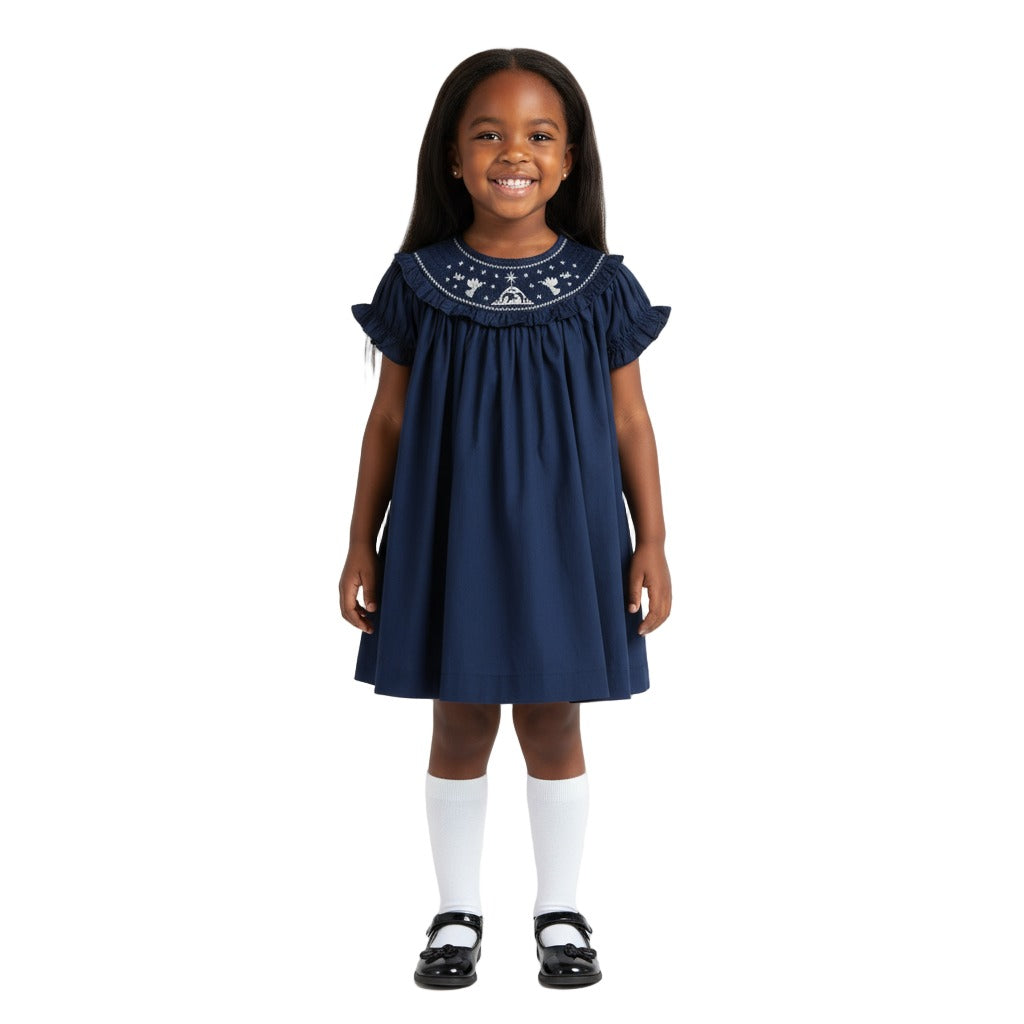 Blue Nativity Smocked Ruffle Bishop Dress