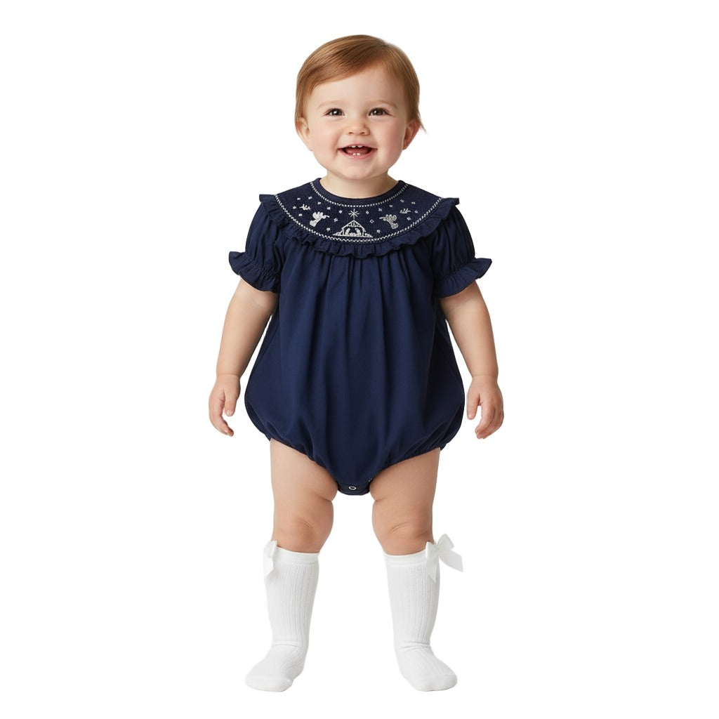 Blue Nativity Smocked Ruffle Romper