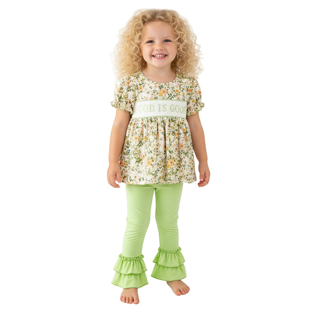 GOD IS GOOD Embroidery Smocked Outfit Set