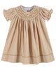 Light Brown Pinstripe Pumpkin Smocked Bishop Dress