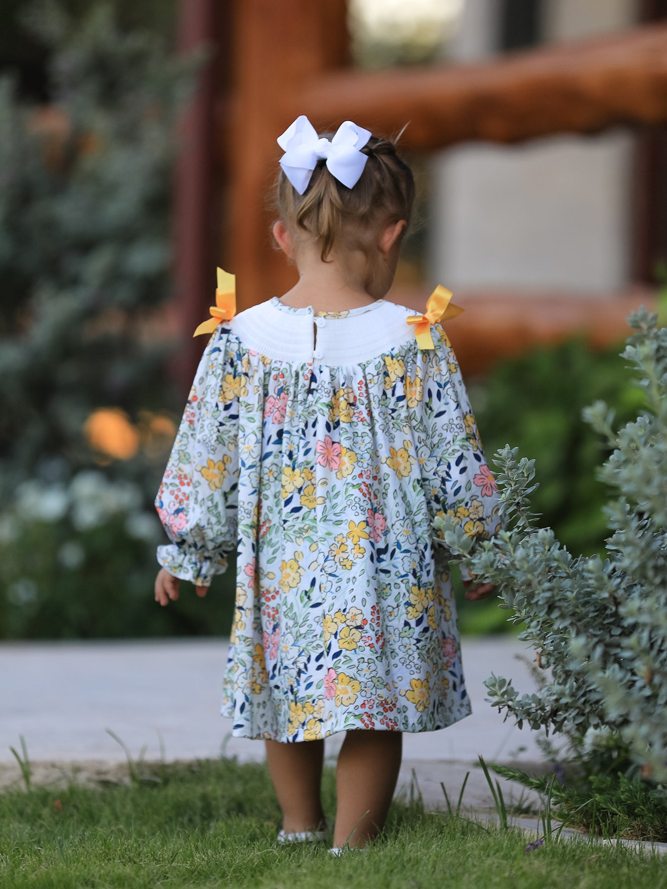 Smocking Bow Floral Leaf Baby Girls Dress