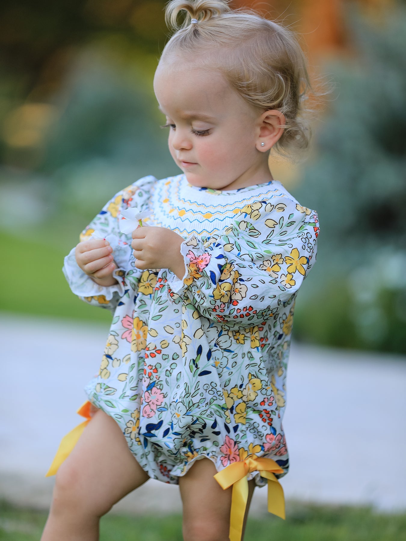 Smocking Bow Floral Leaf Baby Girls Romper