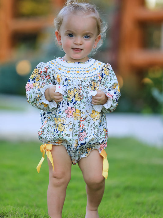 Smocking Bow Floral Leaf Baby Girls Romper