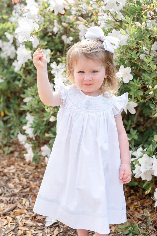 White and Blue Holy Smocked Bishop Dress